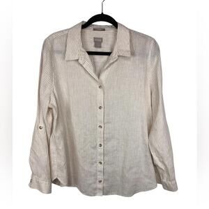 Chico’s Striped Blouse Linen Roll Up Sleeve w/Inside Tab Cuffs Classic Basic